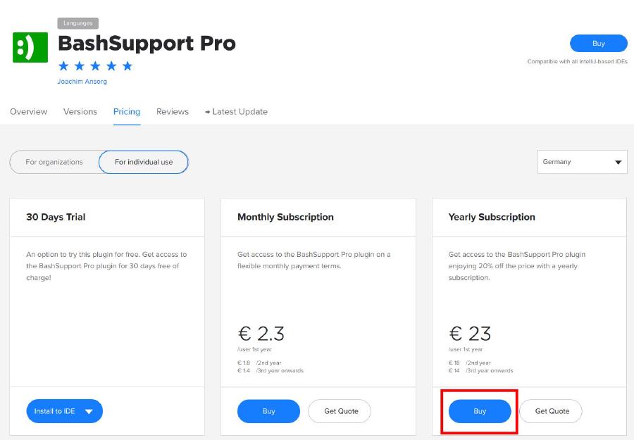 BashSupport Pro subscriptions page
