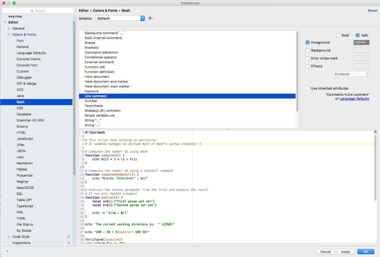 Color and font settings