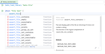 Code completion of bats-core library functions