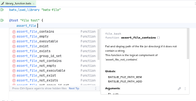 Code completion of bats-core library functions