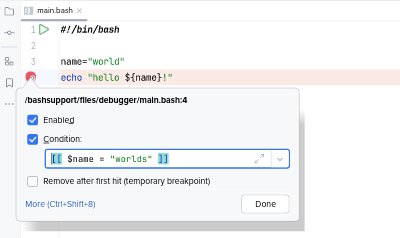 How to configure a conditional breakpoint in BashSupport pro
