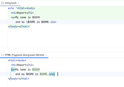 Editing an HTML fragment, which is injected into a Bash string