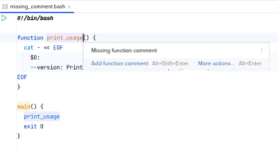 Detection of a missing function comment