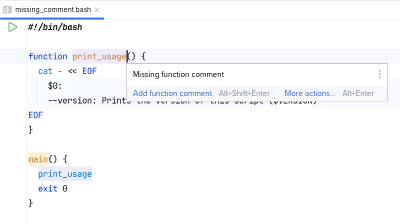 Detection of a missing function comment