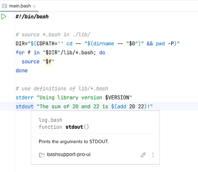 Example of a bash script with a configured shell script library