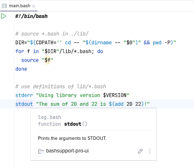 Example of a bash script with a configured shell script library