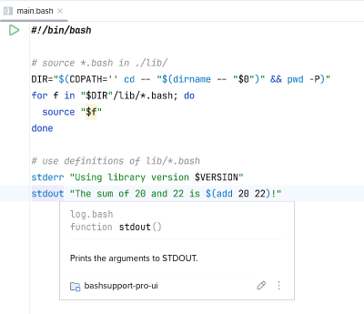 Example of a bash script with a configured shell script library