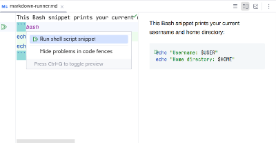 Integration with Markdown code snippets