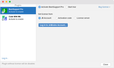 Dialog to activate your license of BashSupport Pro