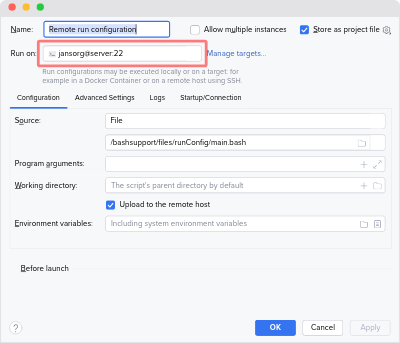 Run target settings of a BashSupport Pro run configuration