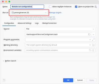 Einstellungen für Run Targets für eine BashSupport Run Configuration