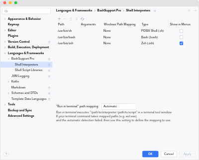 Shell Interpreter Settings of BashSupport Pro