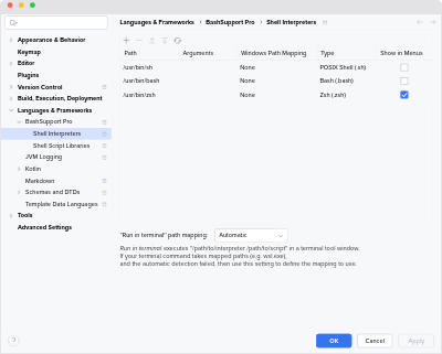 Shell Interpreter Settings of BashSupport Pro