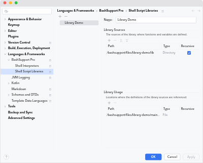 Shell Script Library Settings of BashSupport Pro