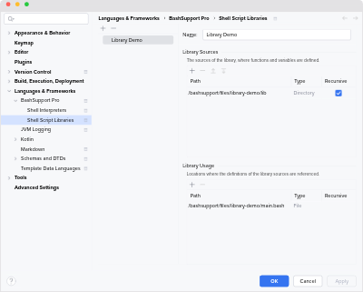 Settings of a shell script library