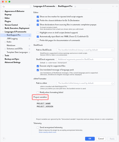 Settings for project variables of BashSupport Pro