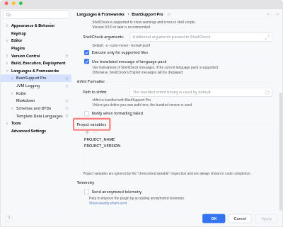 Settings for project variables of BashSupport Pro