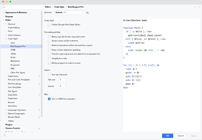 Code Style Settings of the shfmt Formatter