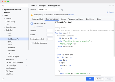 Code Style Settings to configure tabs and indents for Shell scripts