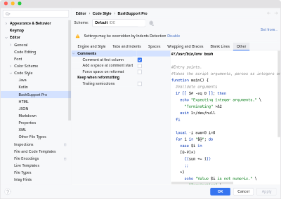 Code Style Settings to configure other settings for Shell scripts
