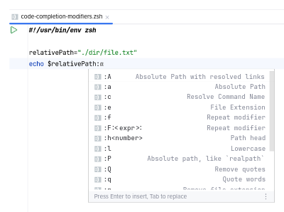 Code completion of Zsh modifiers
