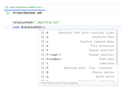 Code completion of Zsh modifiers