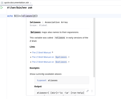 Quick documentation of Zsh builtin $aliases
